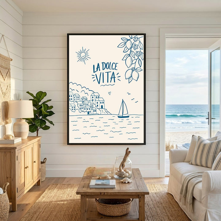 Wadi Home La Dolce Vita coastal wall art print featuring blue line-art of a Mediterranean village and lemons on cream.