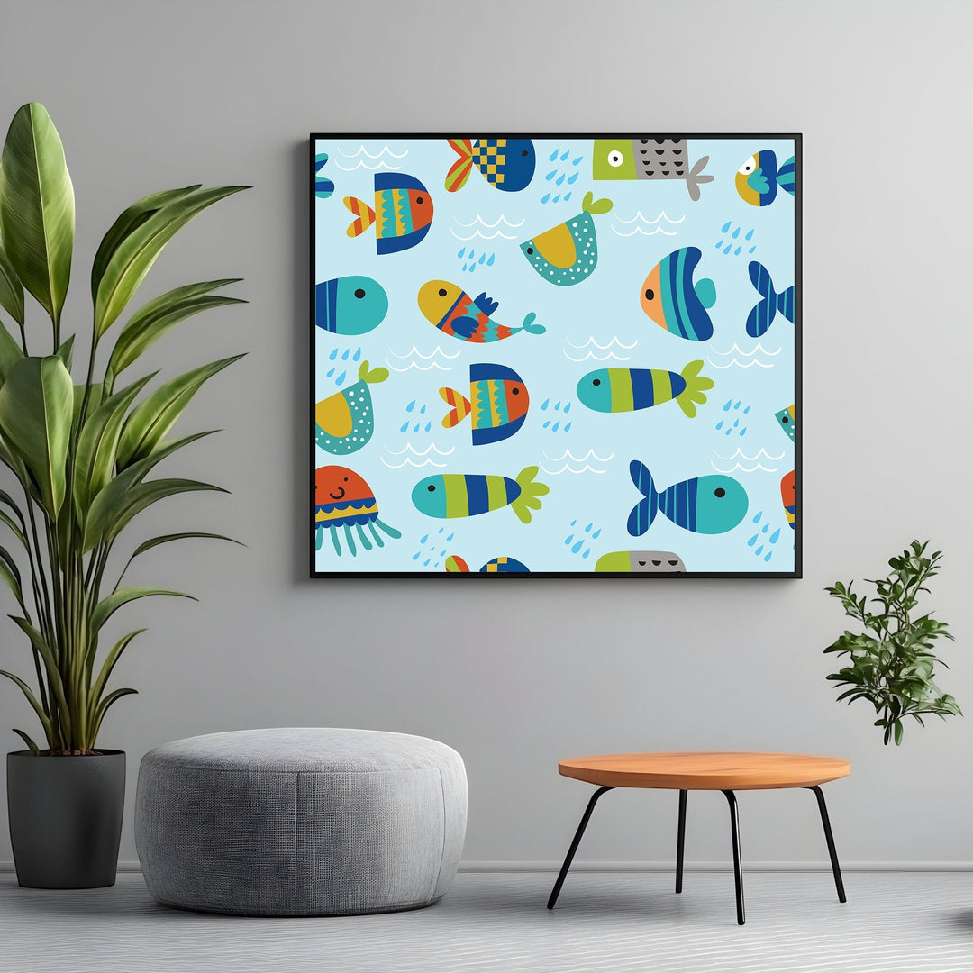 Wadi Home framed wall art featuring a playful, colorful fish pattern on a light blue background in a modern room.