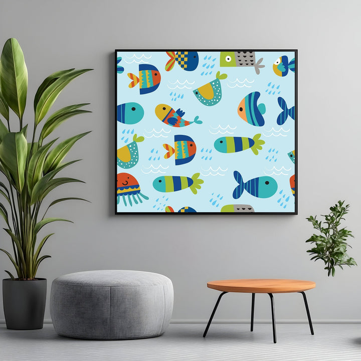 Wadi Home framed wall art featuring a playful, colorful fish pattern on a light blue background in a modern room.