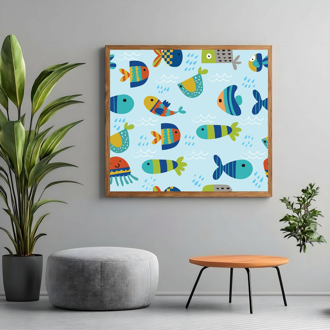 Wadi Home framed wall art featuring a playful, colorful fish pattern on a light blue background in a modern room.