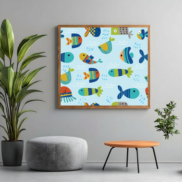 Wadi Home framed wall art featuring a playful, colorful fish pattern on a light blue background in a modern room.