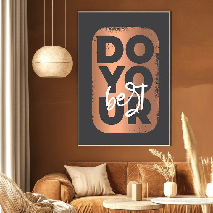 Wadi Home inspirational wall art print with metallic copper and charcoal typography hanging in a modern living room.