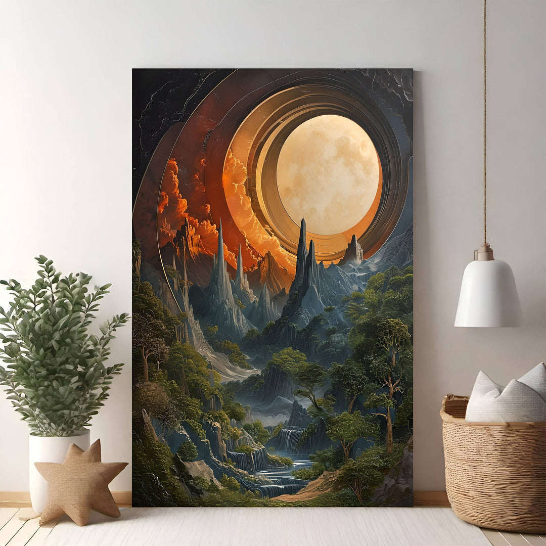 Wadi Home cosmic landscape print featuring a ringed planet over alien mountains, forests, and waterfalls. Vibrant orange sky contrasts with blue and green terrain.