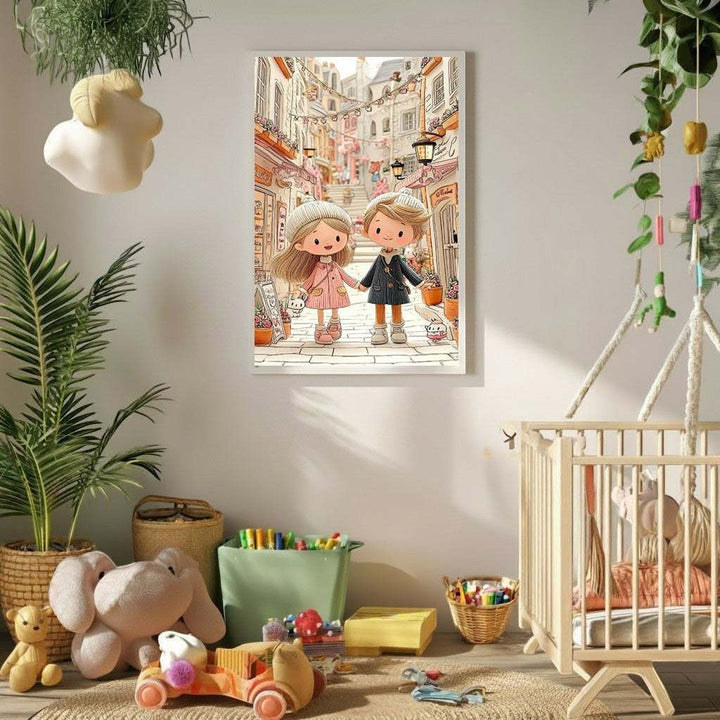 Wadi Home charming illustration of a young couple holding hands walking down a European cobblestone street, perfect for nursery decor.