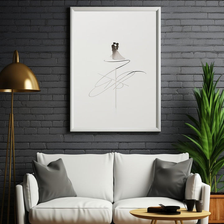 Wadi Home minimalist couple embrace art print, line drawing of a bride and groom in grayscale tones, modern abstract art.