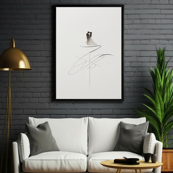 Wadi Home minimalist couple embrace art print, grayscale line drawing of a couple in a tender moment, modern abstract art.