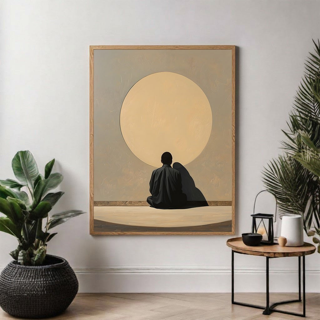 Wadi Home couple embracing under a large sun, minimalist wall art with muted colors, symbolizing unity and intimacy.