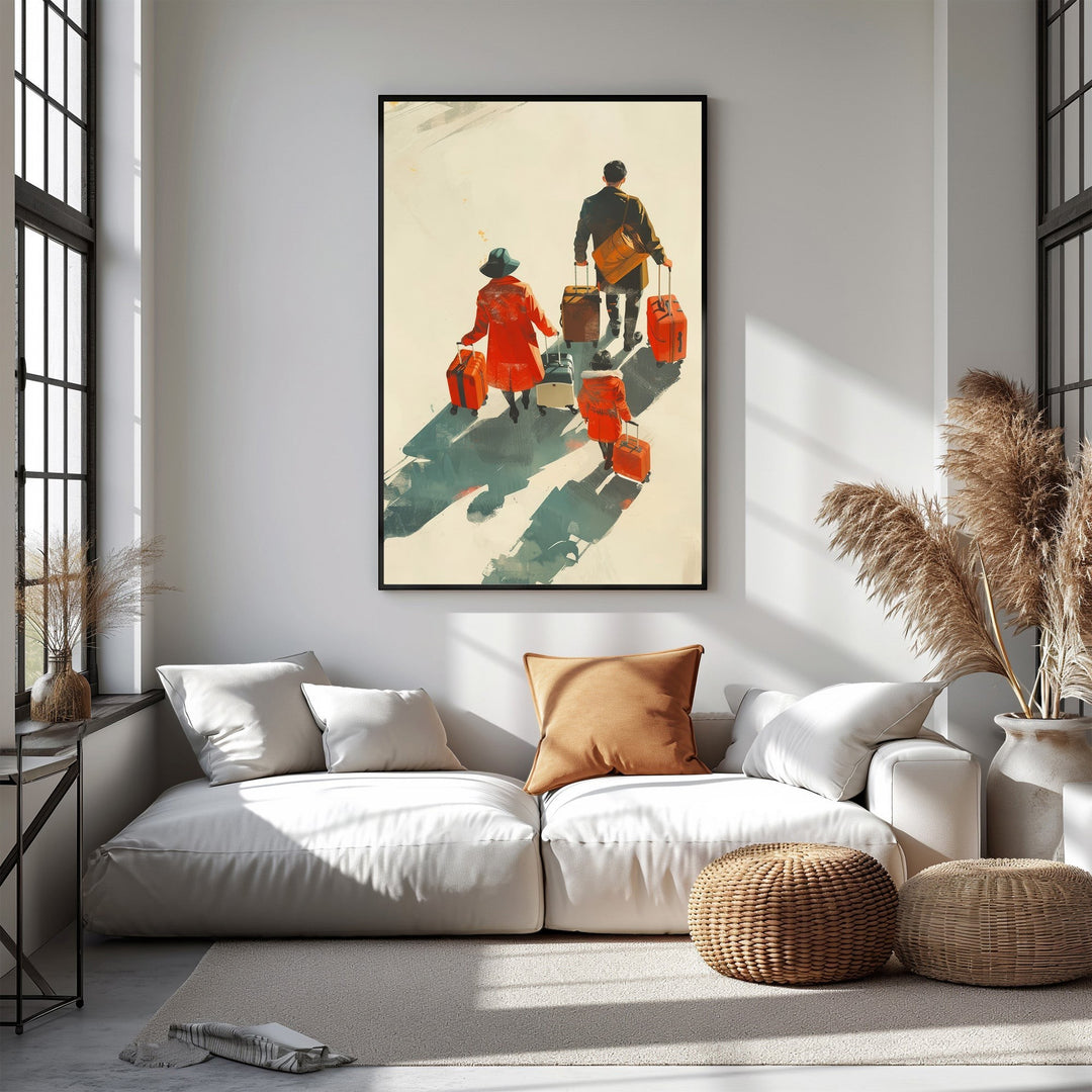 Wadi Home couple with luggage wall art, featuring two figures in red coats and a blue hat walking with orange suitcases.
