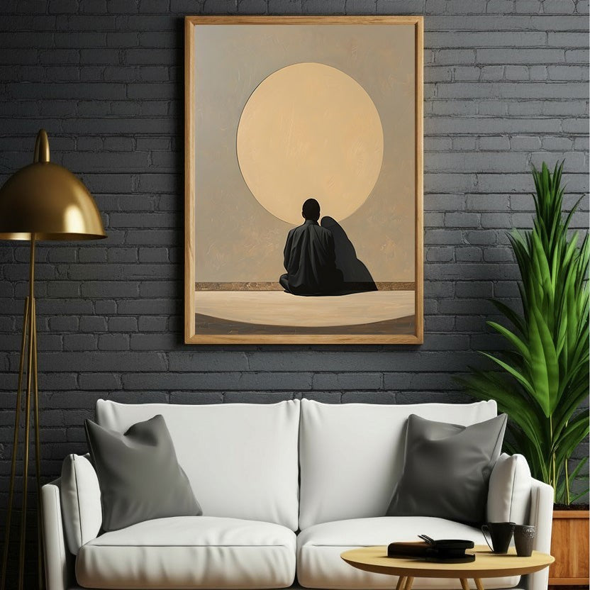 Wadi Home framed wall art print of a silhouetted couple sitting under a large, pale yellow moon. Minimalist, romantic.