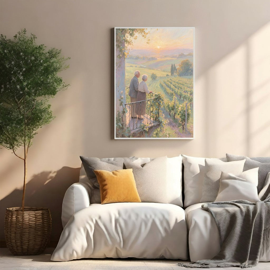 Wadi Home couple embracing on a balcony overlooking a vineyard at sunset, painterly style.