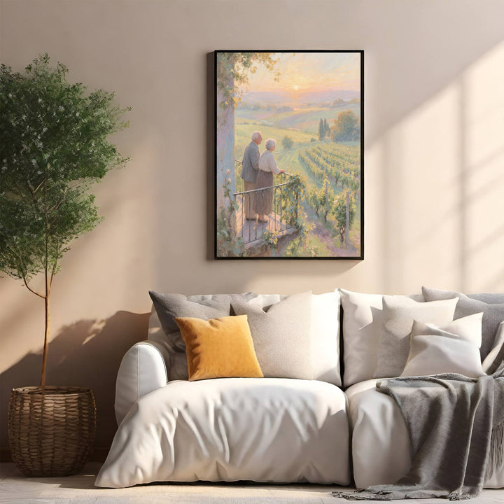 Wadi Home couple embracing on balcony overlooking vineyard at sunset, warm painterly style wall art.