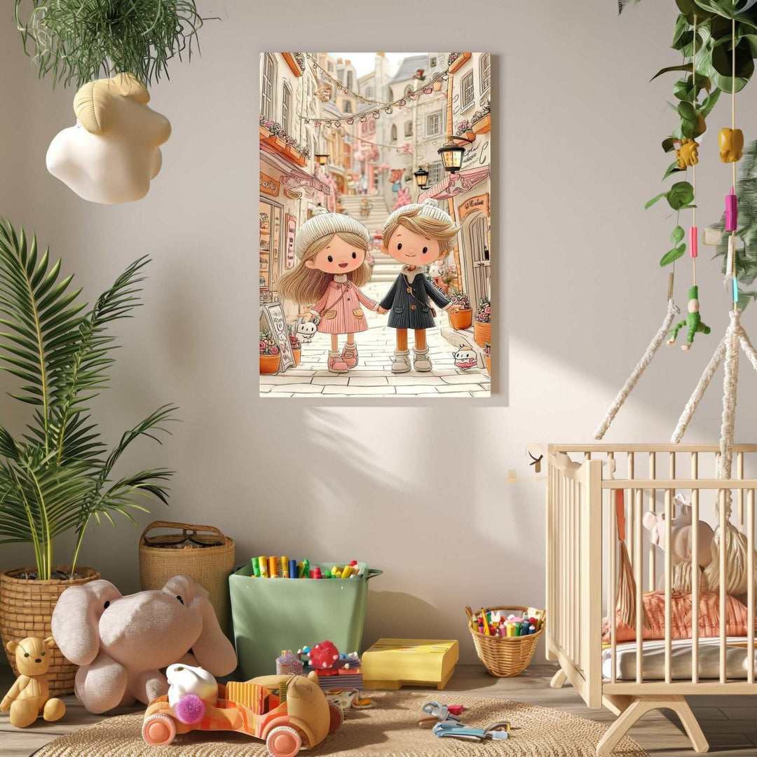 Wadi Home charming illustration of a young couple holding hands walking down a cobblestone street with shops and string lights.
