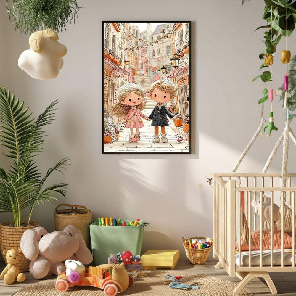 Wadi Home framed wall art of a cartoon couple walking hand-in-hand down a charming cobblestone street with pastel buildings.