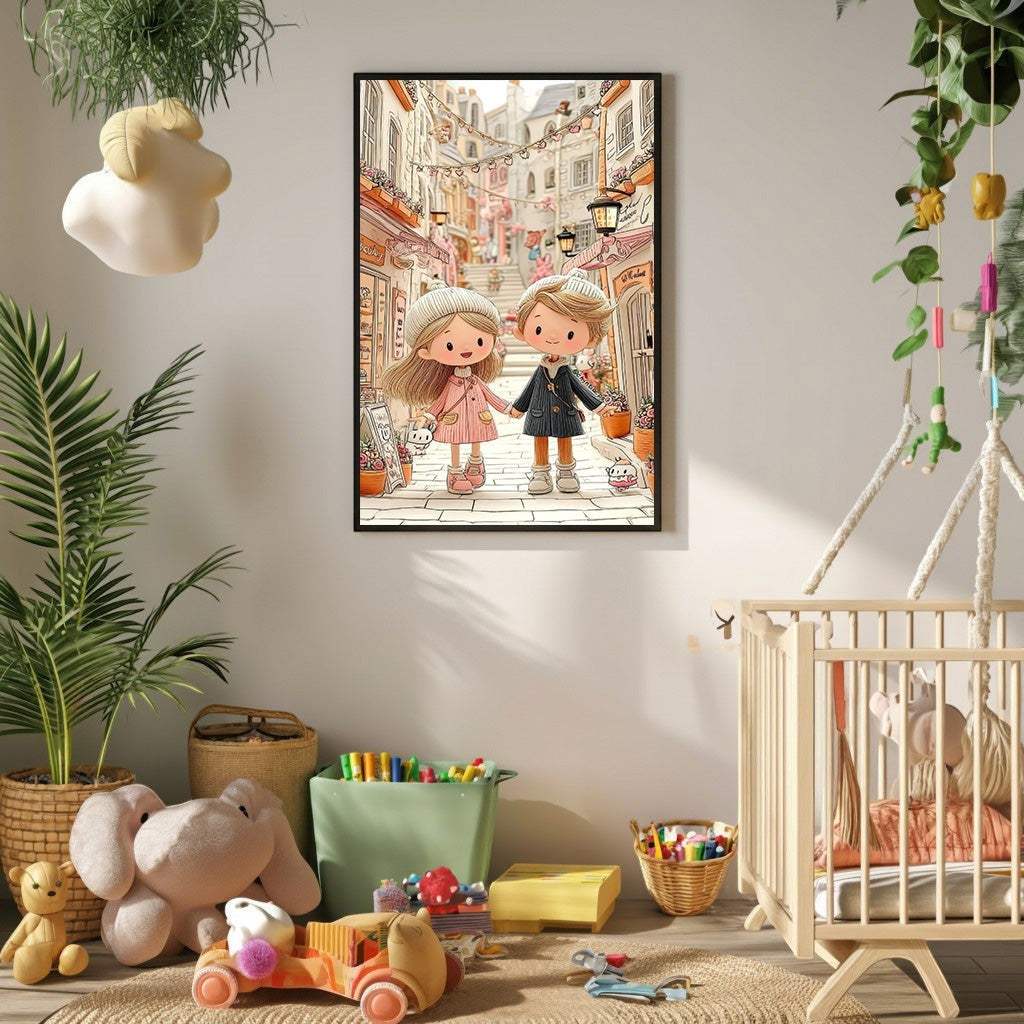 Wadi Home framed wall art of a cartoon couple walking hand-in-hand down a charming cobblestone street with pastel buildings.
