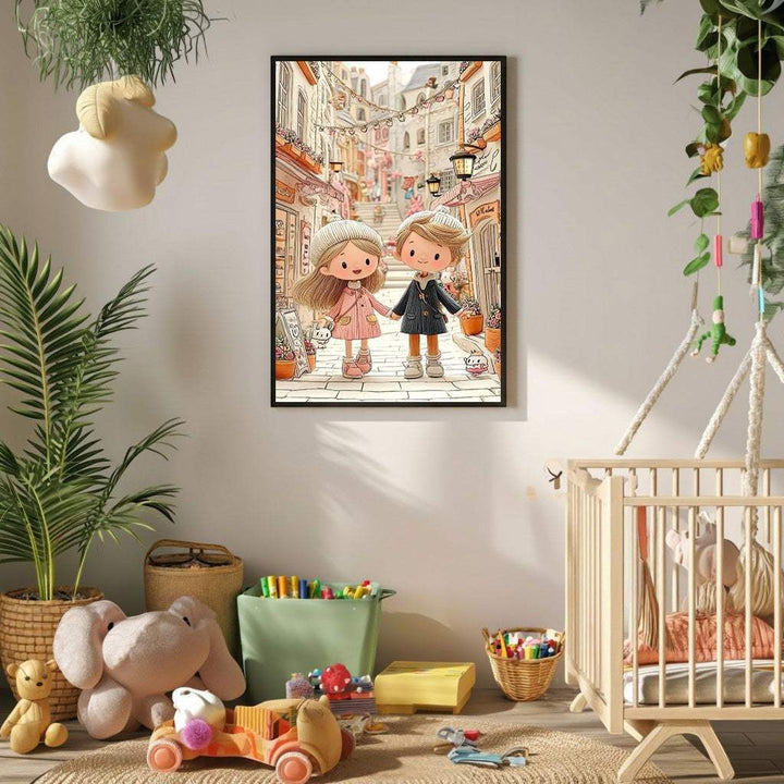 Wadi Home framed wall art of a cartoon couple walking hand-in-hand down a charming cobblestone street with pastel buildings.