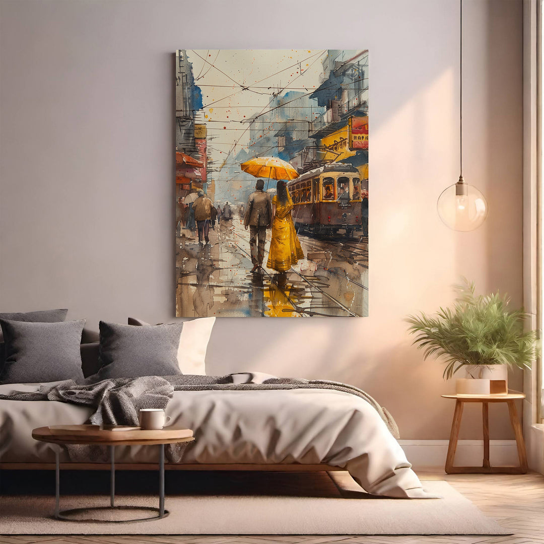 Wadi Home watercolor print of a couple walking under a yellow umbrella on a wet city street with a vintage tram.