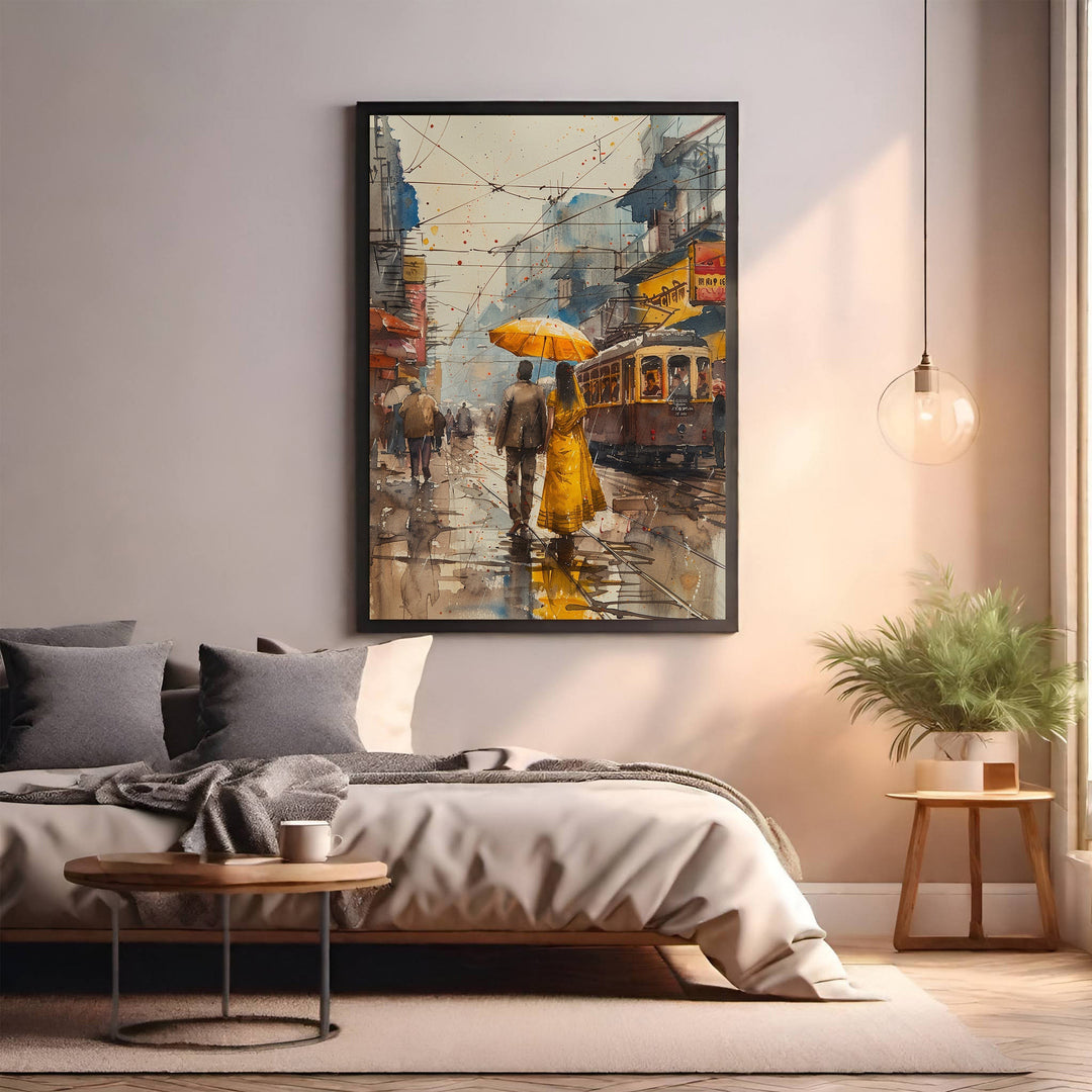 Wadi Home watercolor print of a couple walking under a yellow umbrella on a wet city street with a vintage tram.