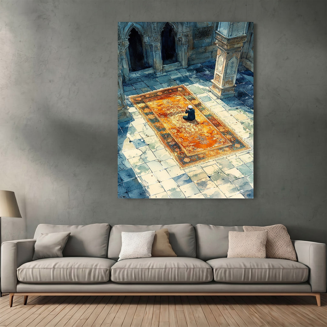 Wadi Home decorative wall art print featuring a person praying on an ornate rug in a sunlit stone courtyard.