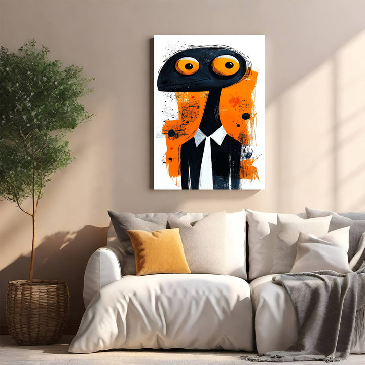 Wadi Home abstract wall art of a black creature with large orange eyes in a black suit and white shirt against an orange and black background.