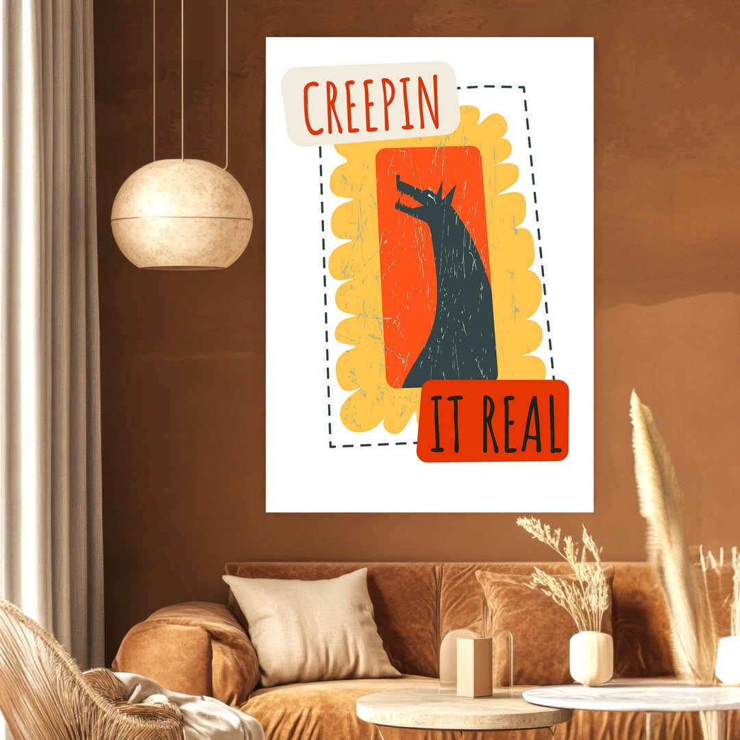 Wadi Home Creepin It Real wall art print featuring a stylized creature silhouette on a vibrant orange and yellow background.