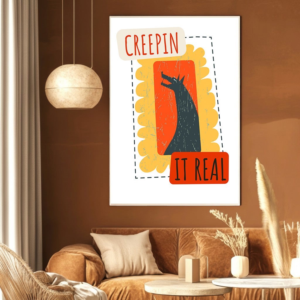 Wadi Home Creepin It Real wall art print with a stylized creature silhouette on a vibrant retro-inspired background.