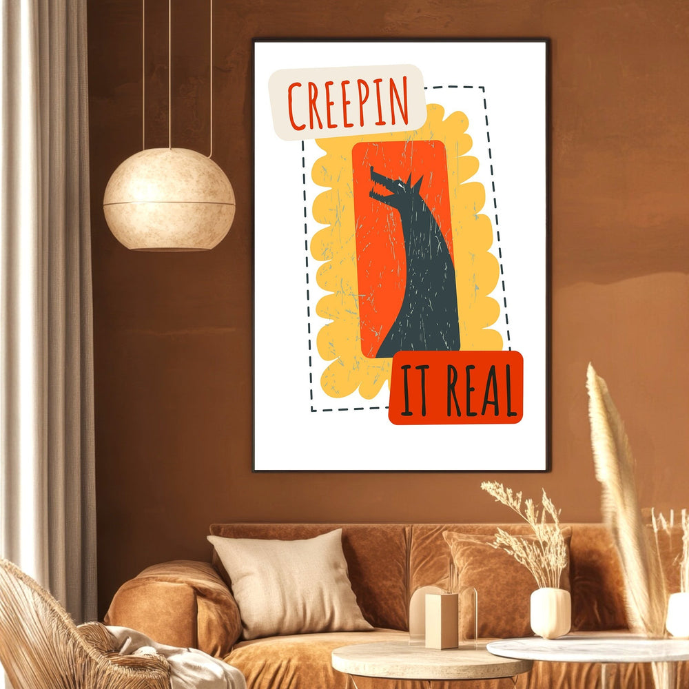 Wadi Home Creepin It Real wall art print with a stylized creature silhouette in a retro orange and yellow frame.