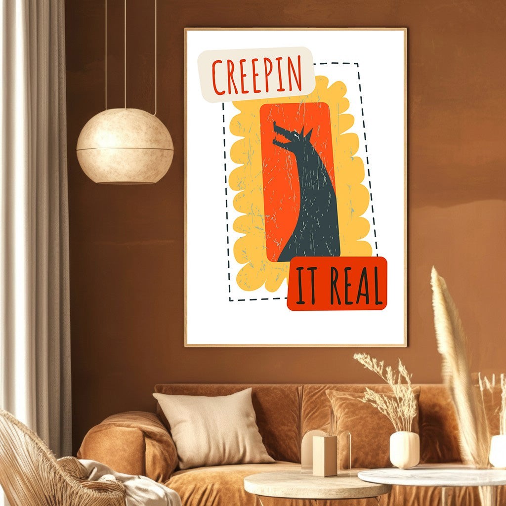 Wadi Home Creepin It Real wall art print featuring a stylized creature silhouette in a retro orange and yellow frame.