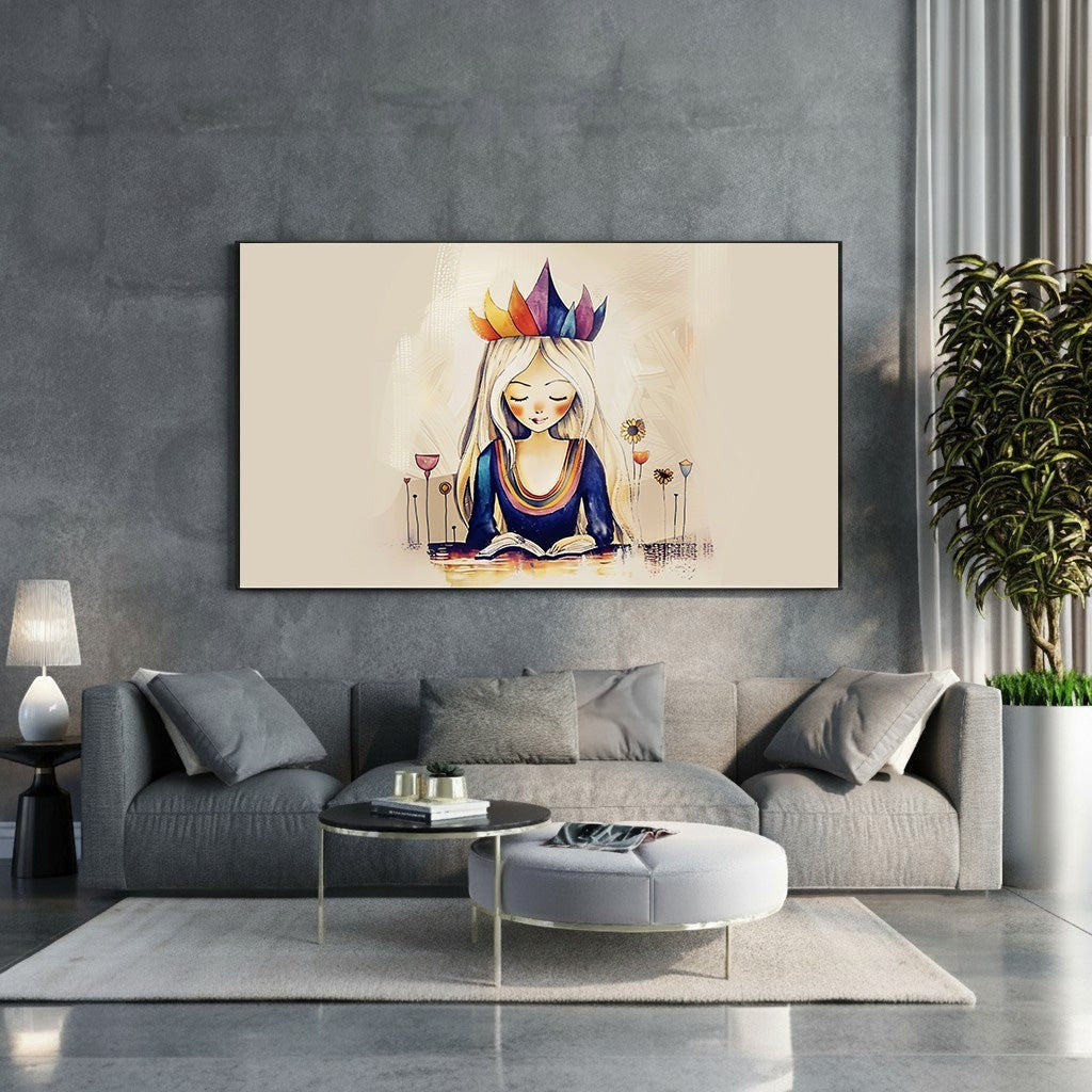 Wadi Home crowned reader wall art, a young girl with long blonde hair wears a colorful crown and reads a book. Watercolor style.
