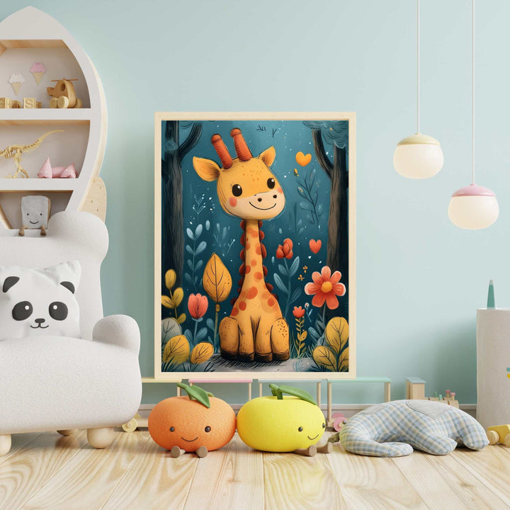 Wadi Home framed wall art of a cute cartoon giraffe in a forest with flowers and trees, perfect for a child's room.