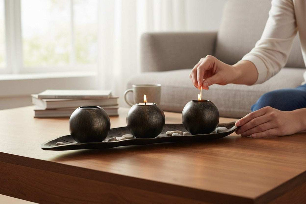 Wadi Home dark metal three sphere candle holder set on leaf tray with lit tealights.
