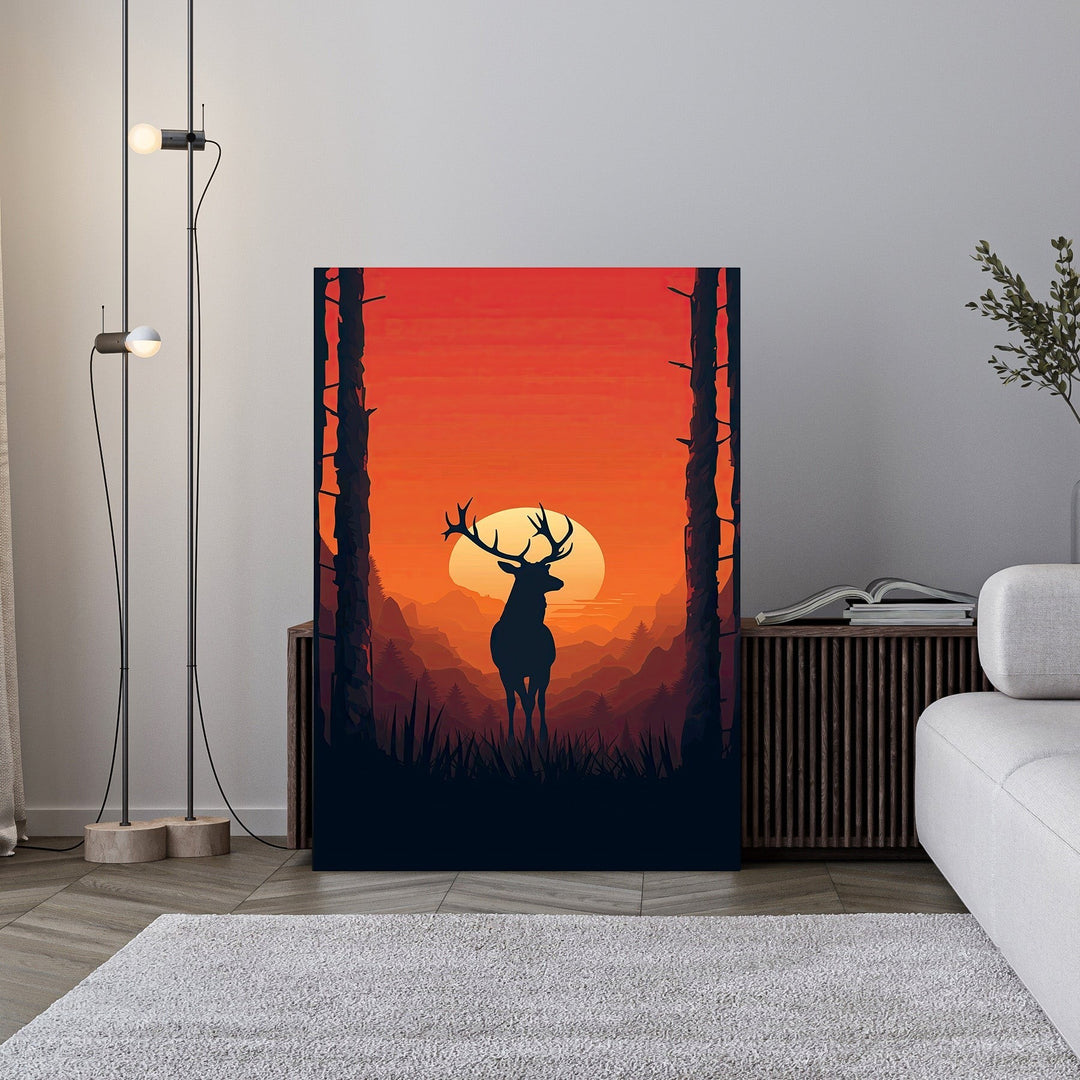 Wadi Home majestic deer silhouette in forest landscape wall art with orange sunset.