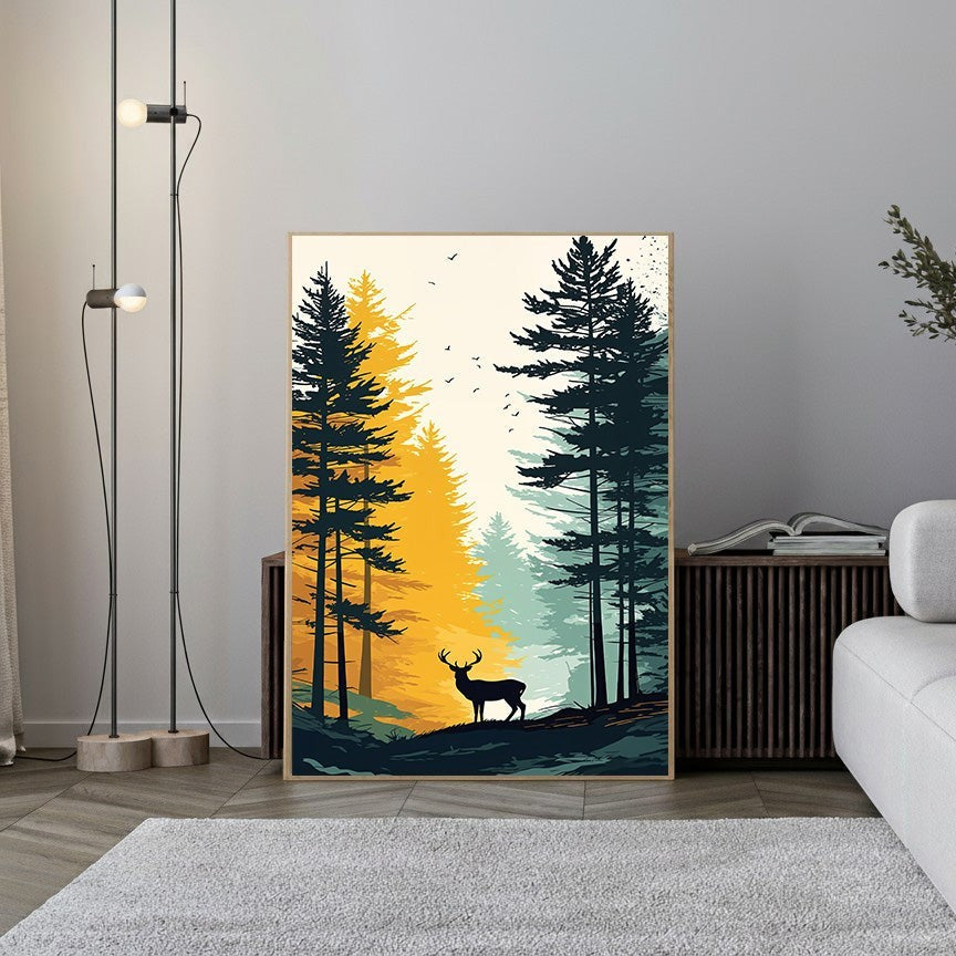 Wadi Home Majestic Forest Deer Landscape Wall Art with yellow and teal pine trees and a deer silhouette.