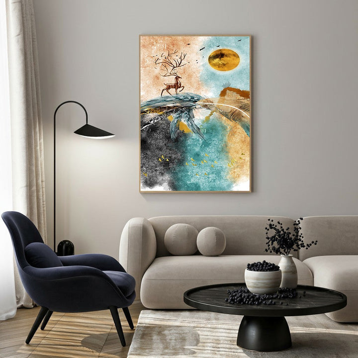 Wadi Home abstract wall art with a deer on a mountain peak, featuring teal, gold, and earthy tones.