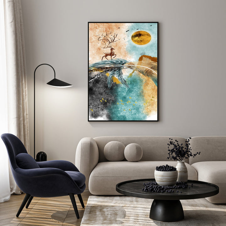 Wadi Home abstract wall art of a deer on a mountain peak with a golden sun, featuring teal, earthy tones, and black accents.