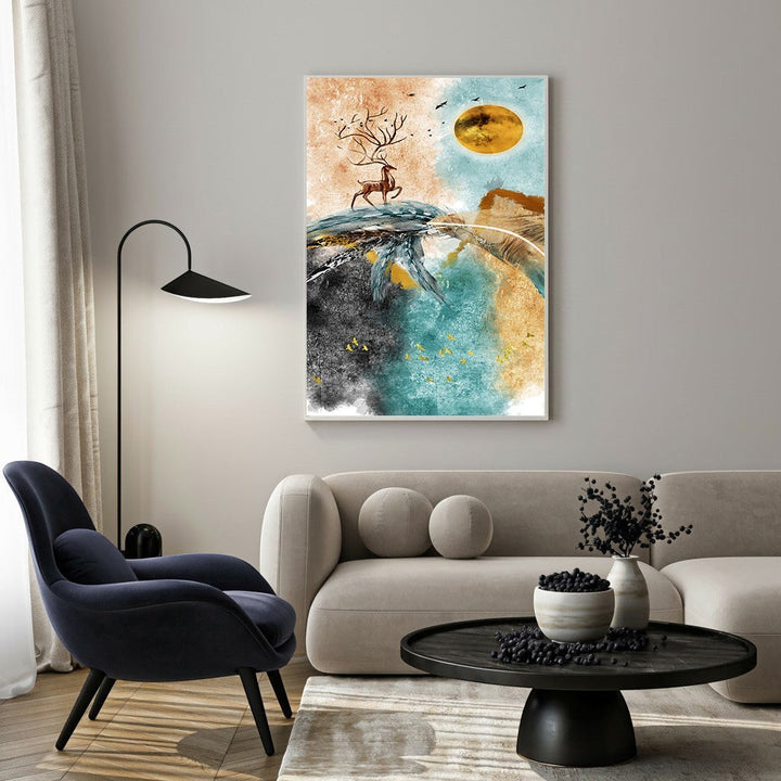 Wadi Home abstract wall art of a deer on a mountain peak with a golden sun and teal accents.