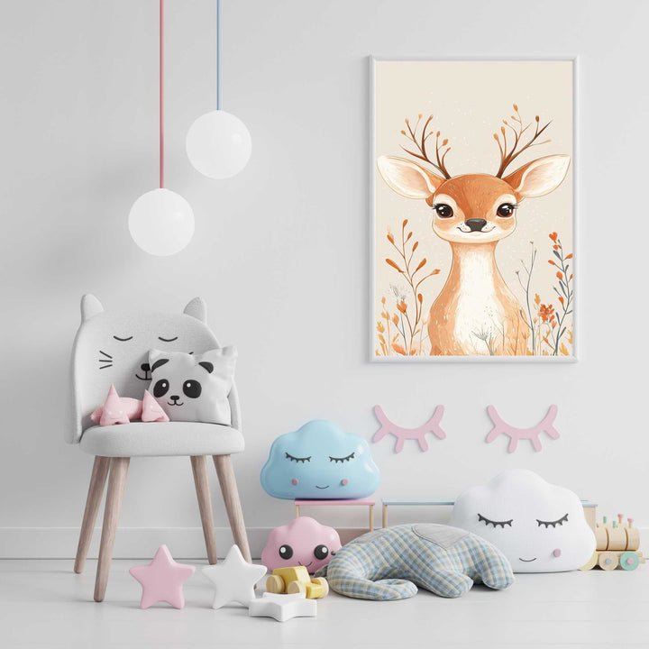 Wadi Home whimsical deer art print with autumn foliage, perfect for nursery decor.