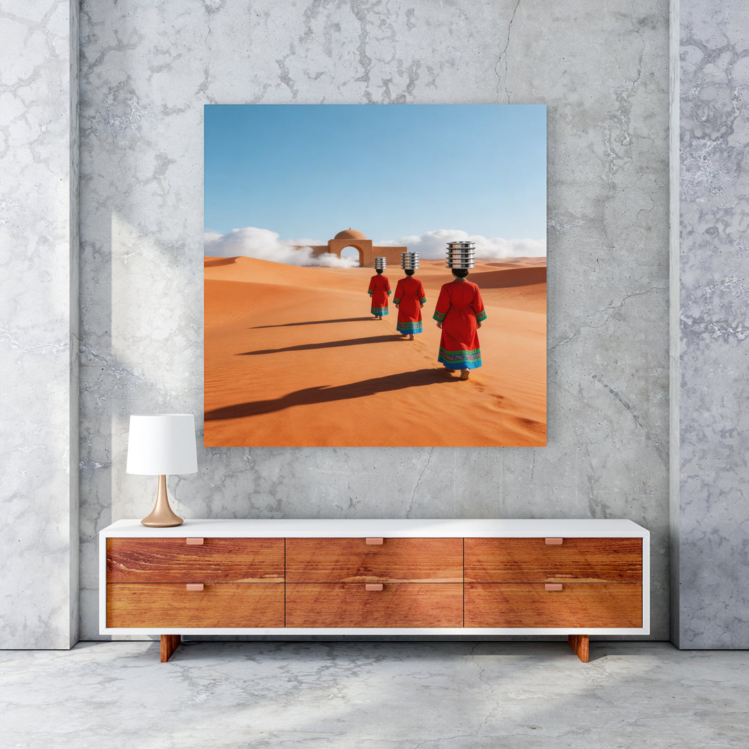 Wadi Home artwork: Three figures in red robes carry stacked items on their heads across a desert landscape with sand dunes and an archway.