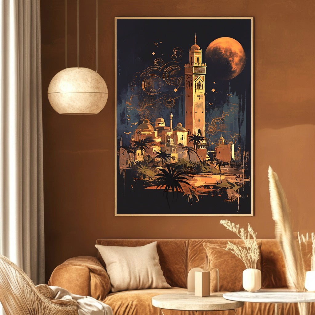 Wadi Home desert cityscape wall art print featuring a moonlit oasis and architectural silhouettes in blue and ochre.