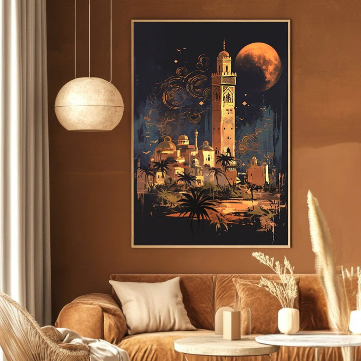 Wadi Home desert cityscape wall art print featuring a moonlit oasis and architectural silhouettes in blue and ochre.