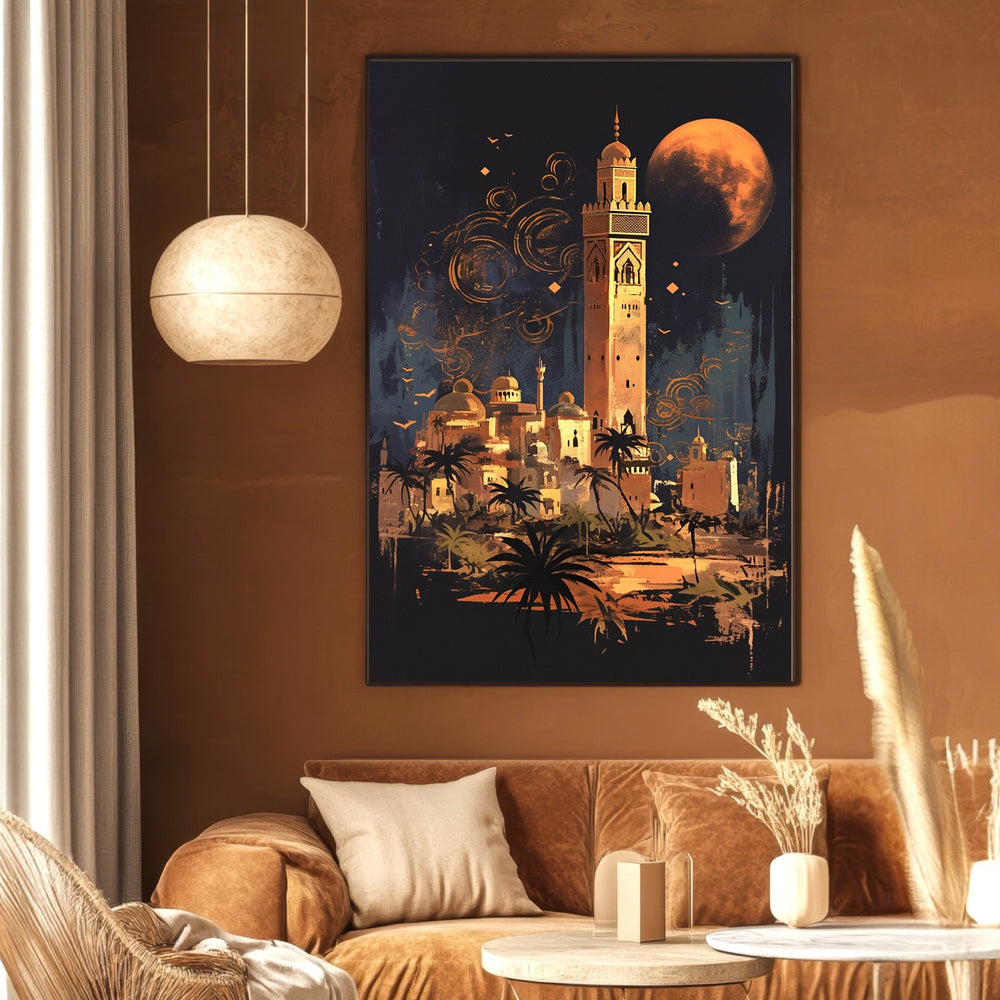 Wadi Home desert cityscape wall art print featuring a moonlit oasis and architectural silhouettes in a moody palette.
