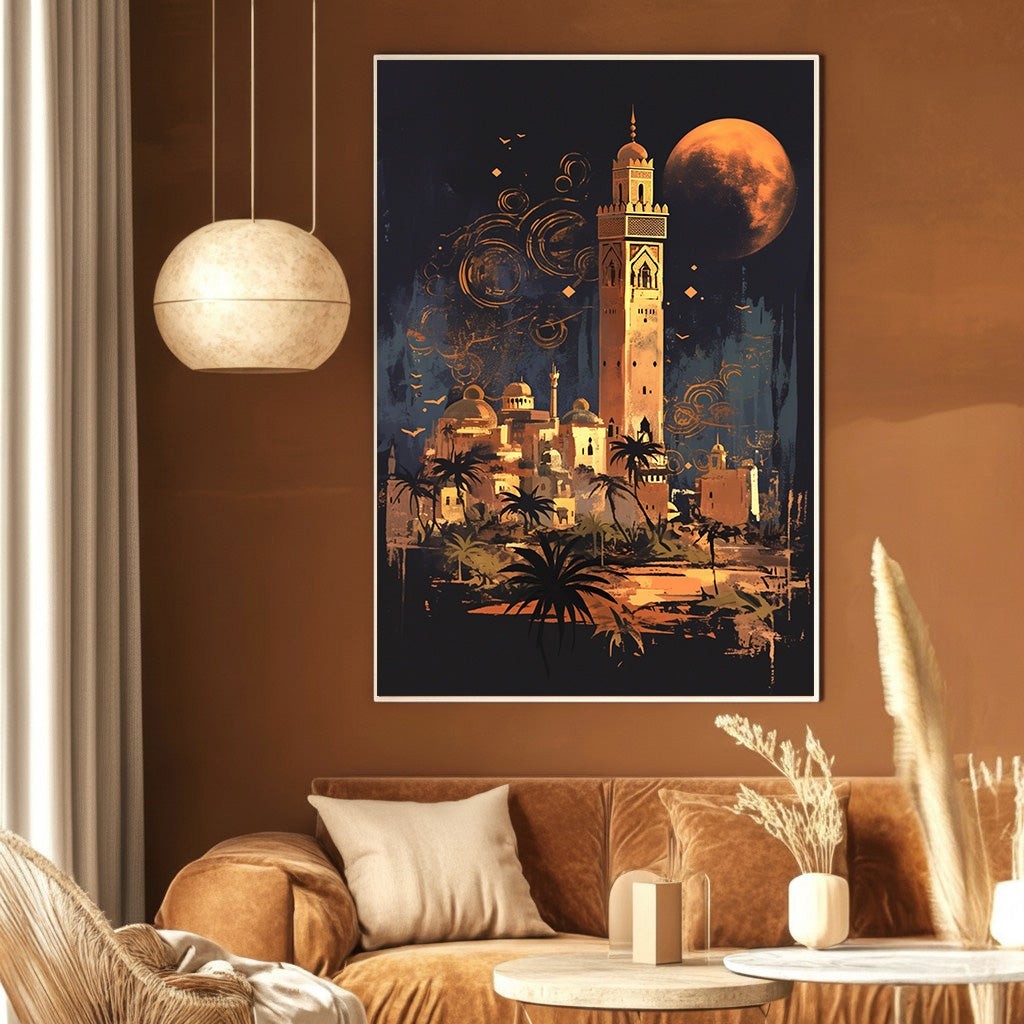Wadi Home desert cityscape wall art print featuring a moonlit oasis and architectural silhouettes in blue and ochre.