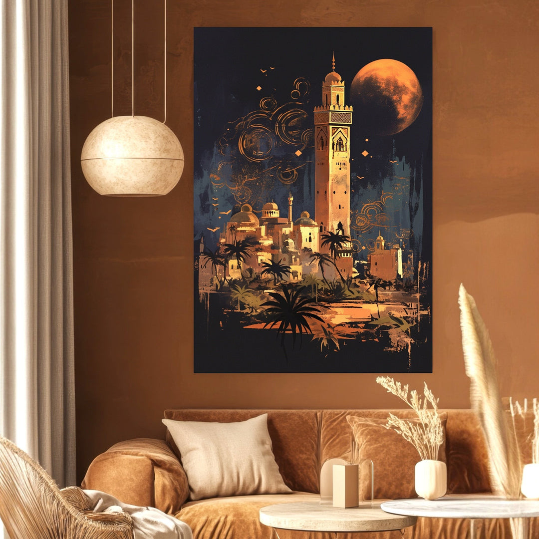Wadi Home desert cityscape wall art print featuring a moonlit oasis with architectural silhouettes in blue and ochre.