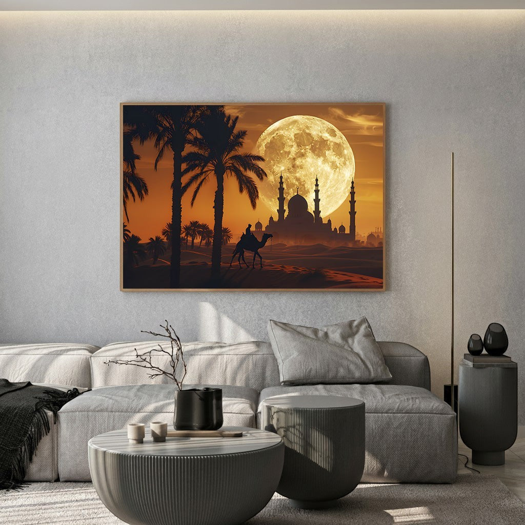 Wadi Home desert landscape wall art featuring a moonlit mosque silhouette and palm trees in a modern living room