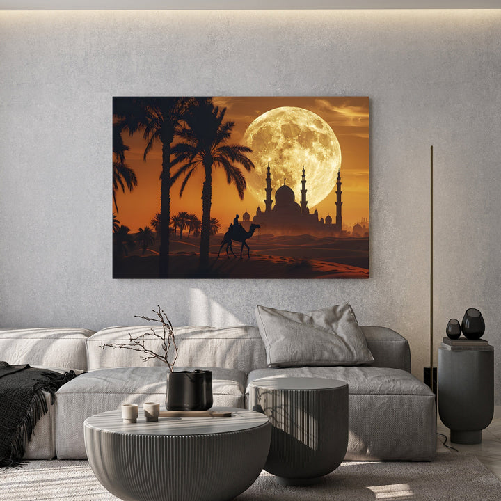 Wadi Home desert landscape wall art print featuring a mosque silhouette, palm trees, and a full moon in amber tones.