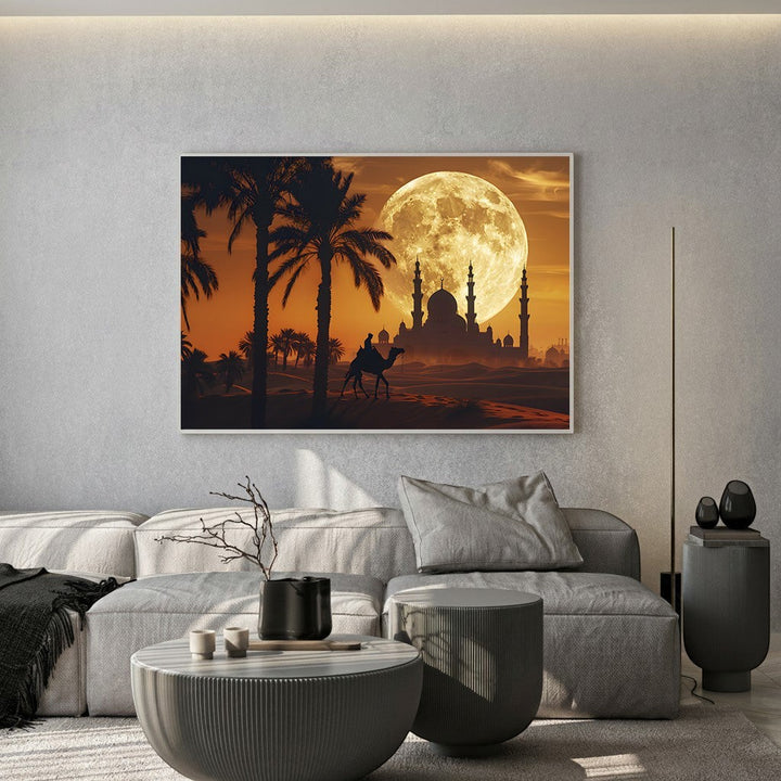 Wadi Home desert landscape wall art print featuring a mosque silhouette, palm trees, and a large moon in amber tones.