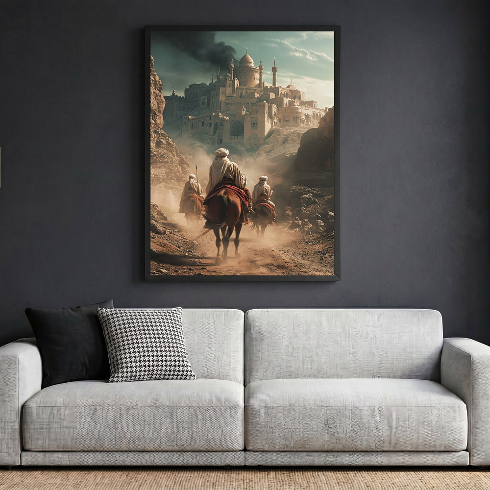 Wadi Home framed wall art featuring desert travelers on horseback approaching an ancient city in a sun-drenched landscape.