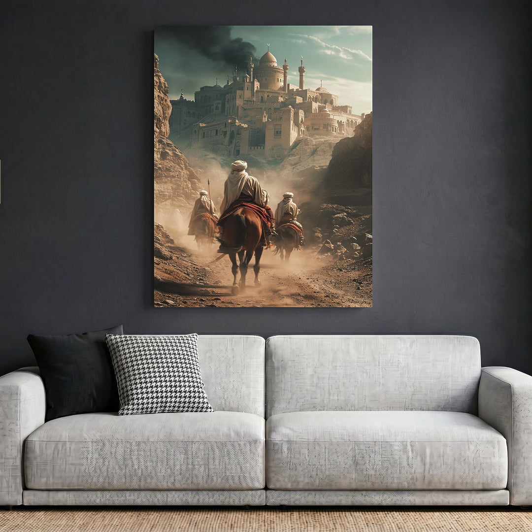 Wadi Home framed wall art featuring desert travelers on horseback approaching an ancient city citadel.