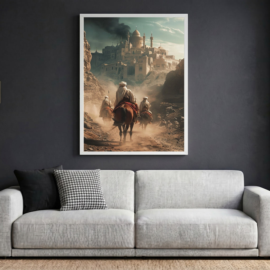 Wadi Home framed wall art featuring desert travelers on horseback approaching an ancient citadel in a sunlit landscape.