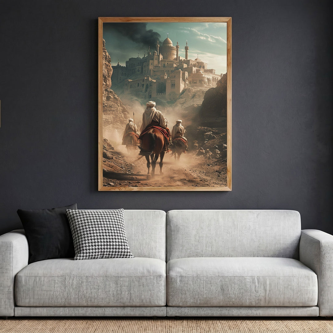 Wadi Home framed wall art featuring desert travelers on horseback approaching an ancient city in a sun-drenched landscape