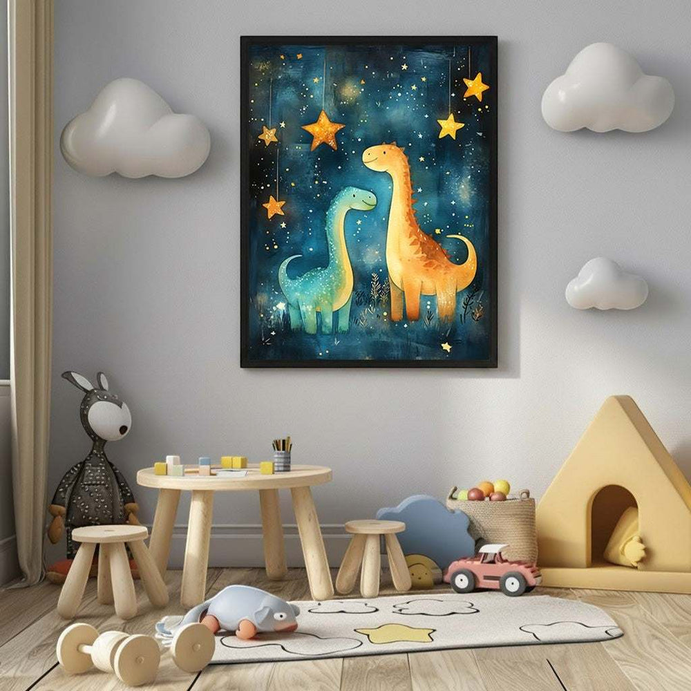 Wadi Home Whimsical Dinosaur Starry Night Nursery Art featuring two friendly watercolor dinosaurs under a starry night sky.